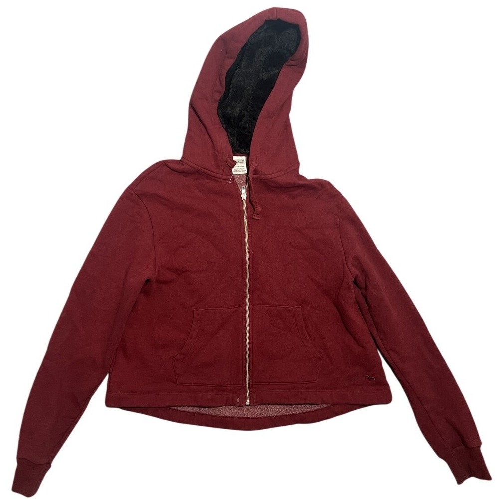 PINK Victoria's Secret Women's Burgundy Full Zip Cropped Hoodie Sweatshirt Faux